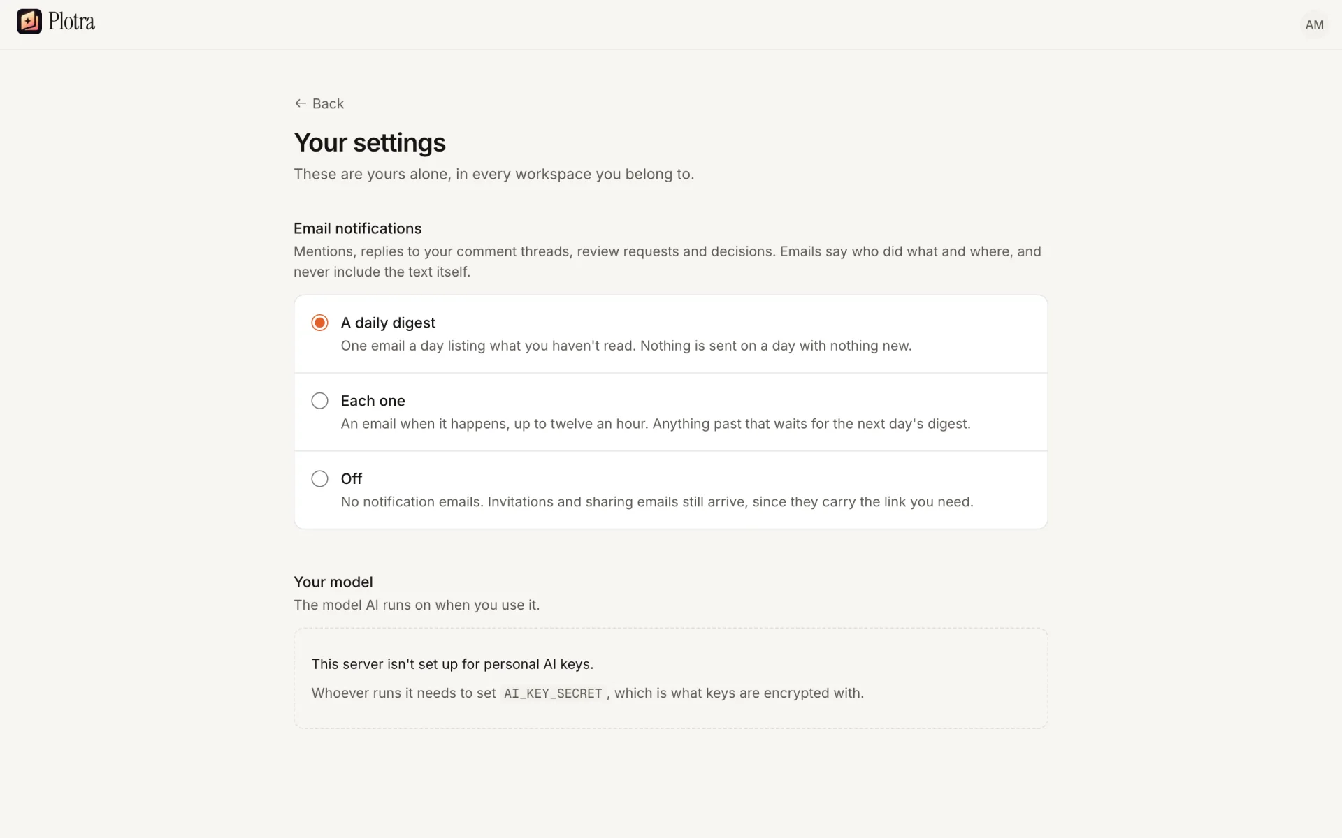 Your settings: email notifications as a daily digest, each one, or off