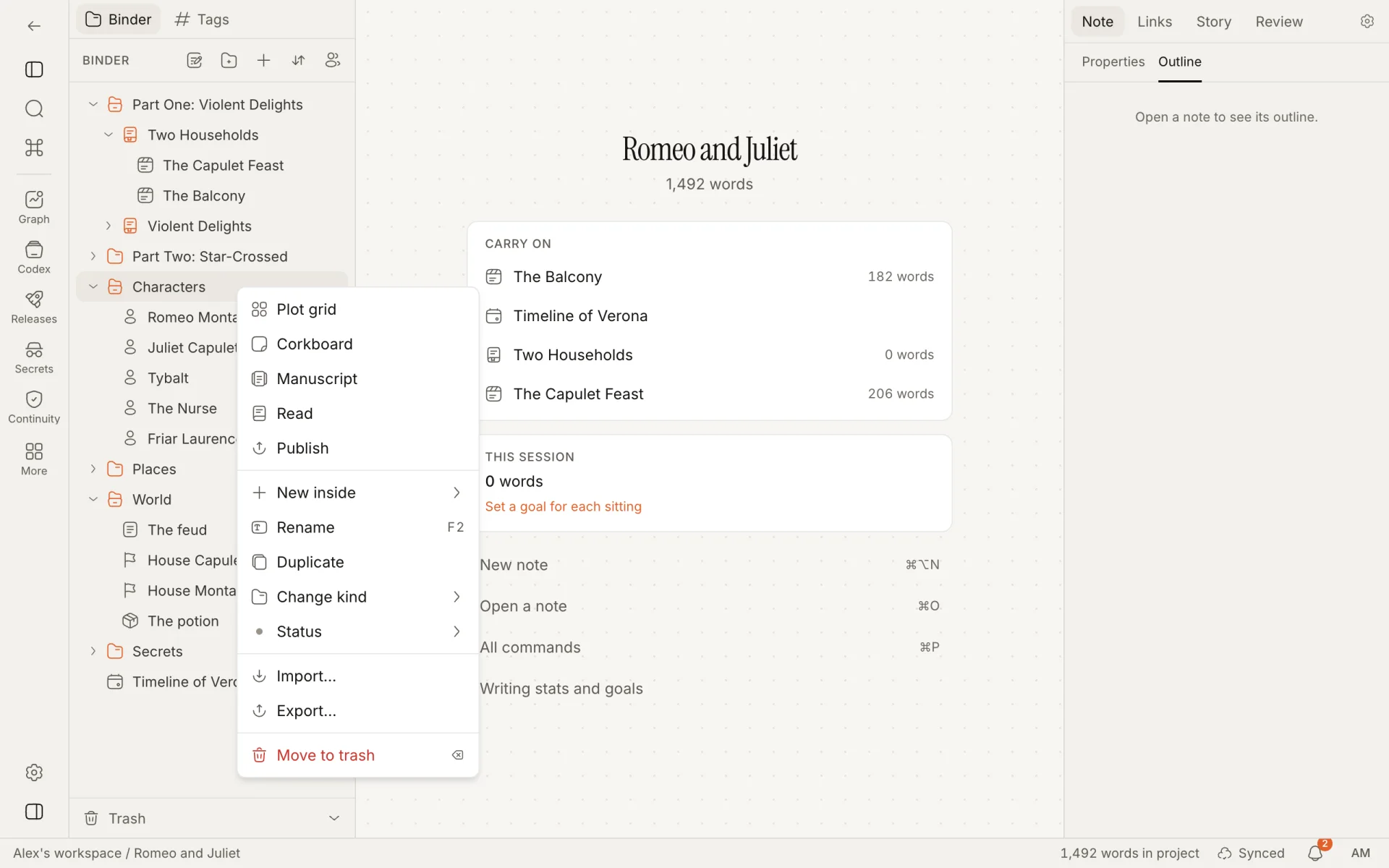 The context menu on the Characters folder: views that open on a folder, New inside, Rename, Duplicate, Change kind, Status, Import, Export and Move to trash