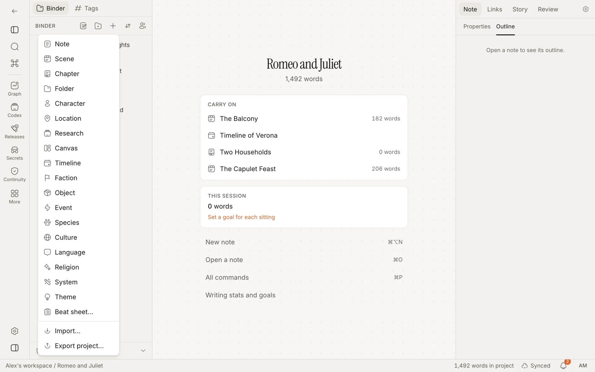 The New menu at the top of the binder, listing every kind of note, the world bible types, Beat sheet, Import and Export project