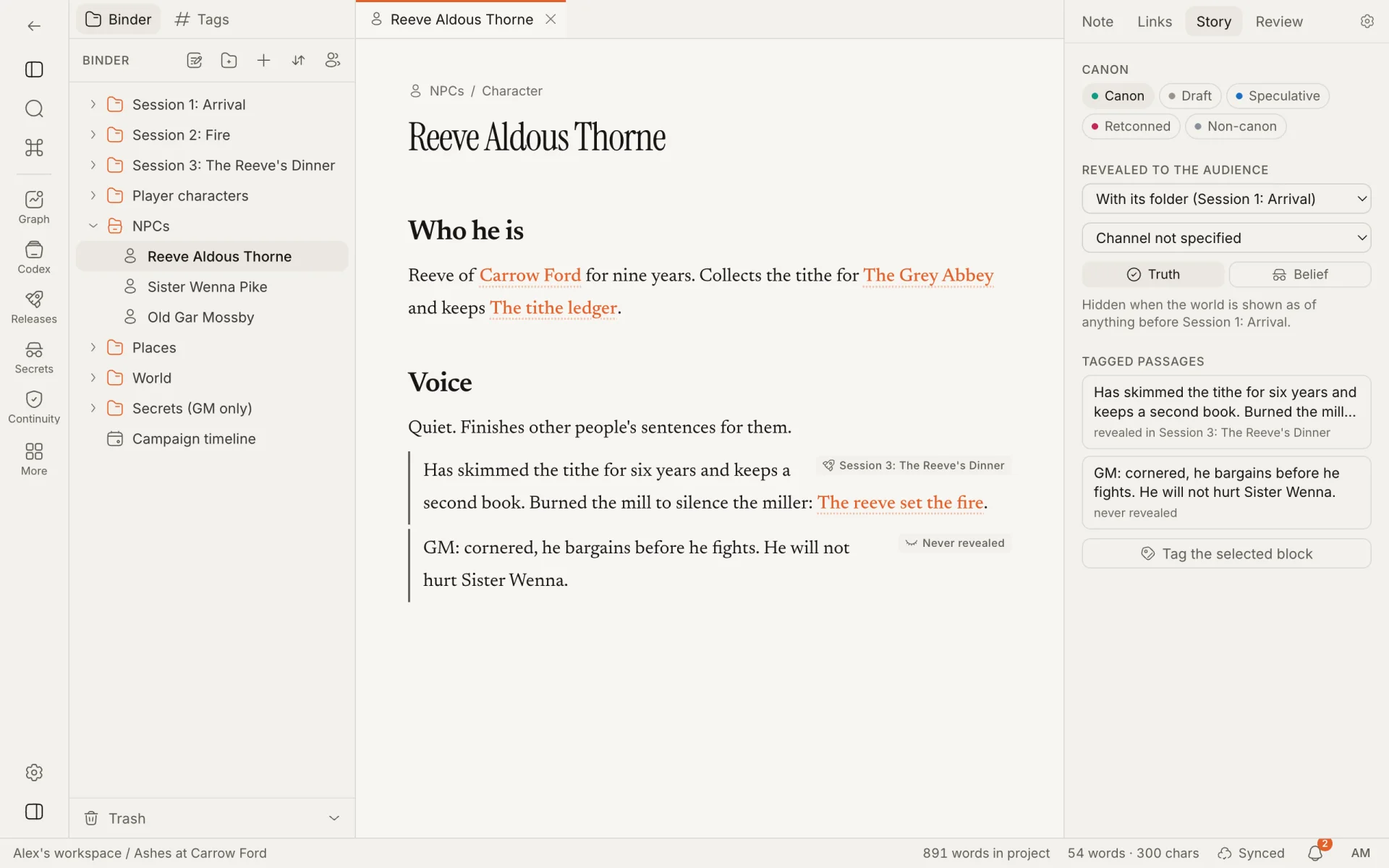 A character page in the tabletop sample with two tagged passages, one revealed in session 3 and one never revealed, both listed in the Story tab