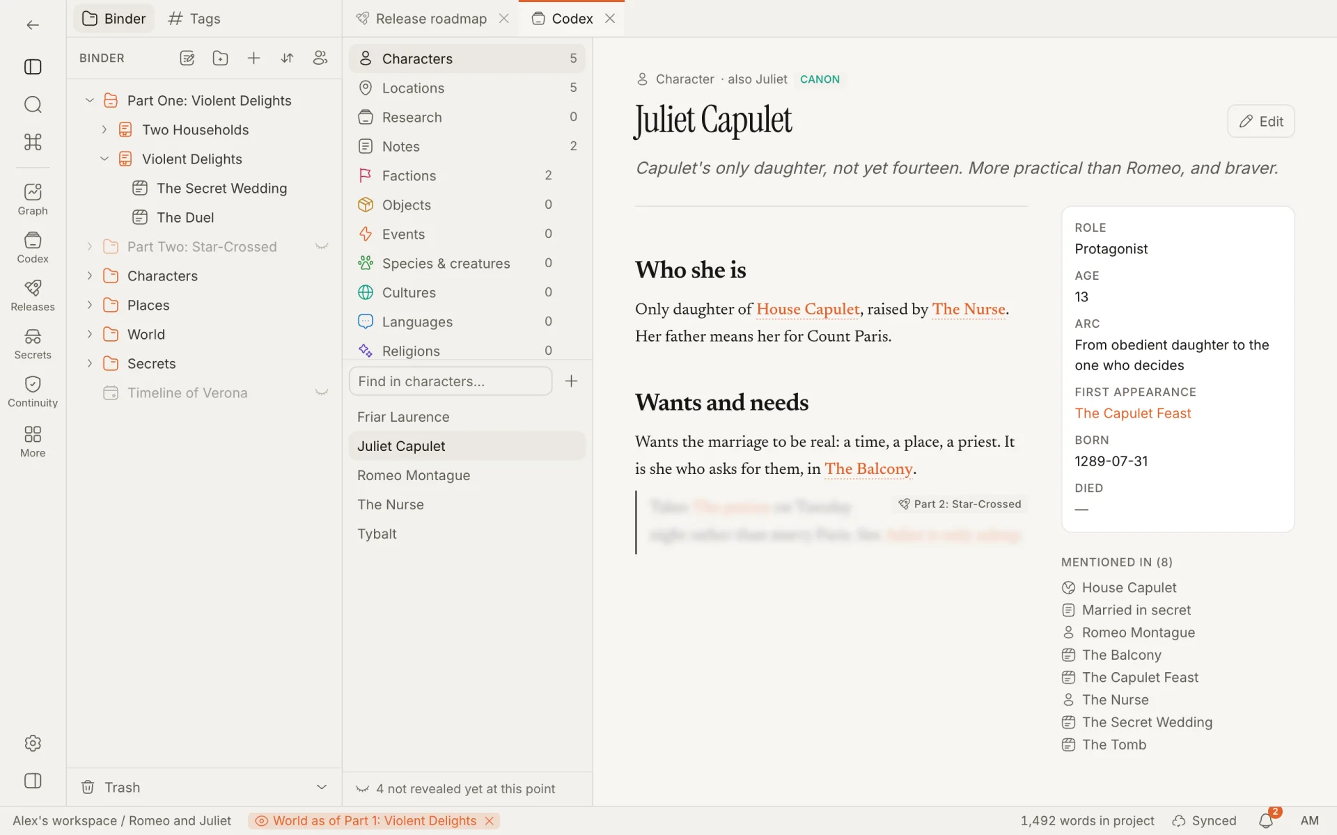 Juliet Capulet's page in the Codex under the horizon: the passage revealed in Part 2 is blurred, and the list says four pages are not revealed yet