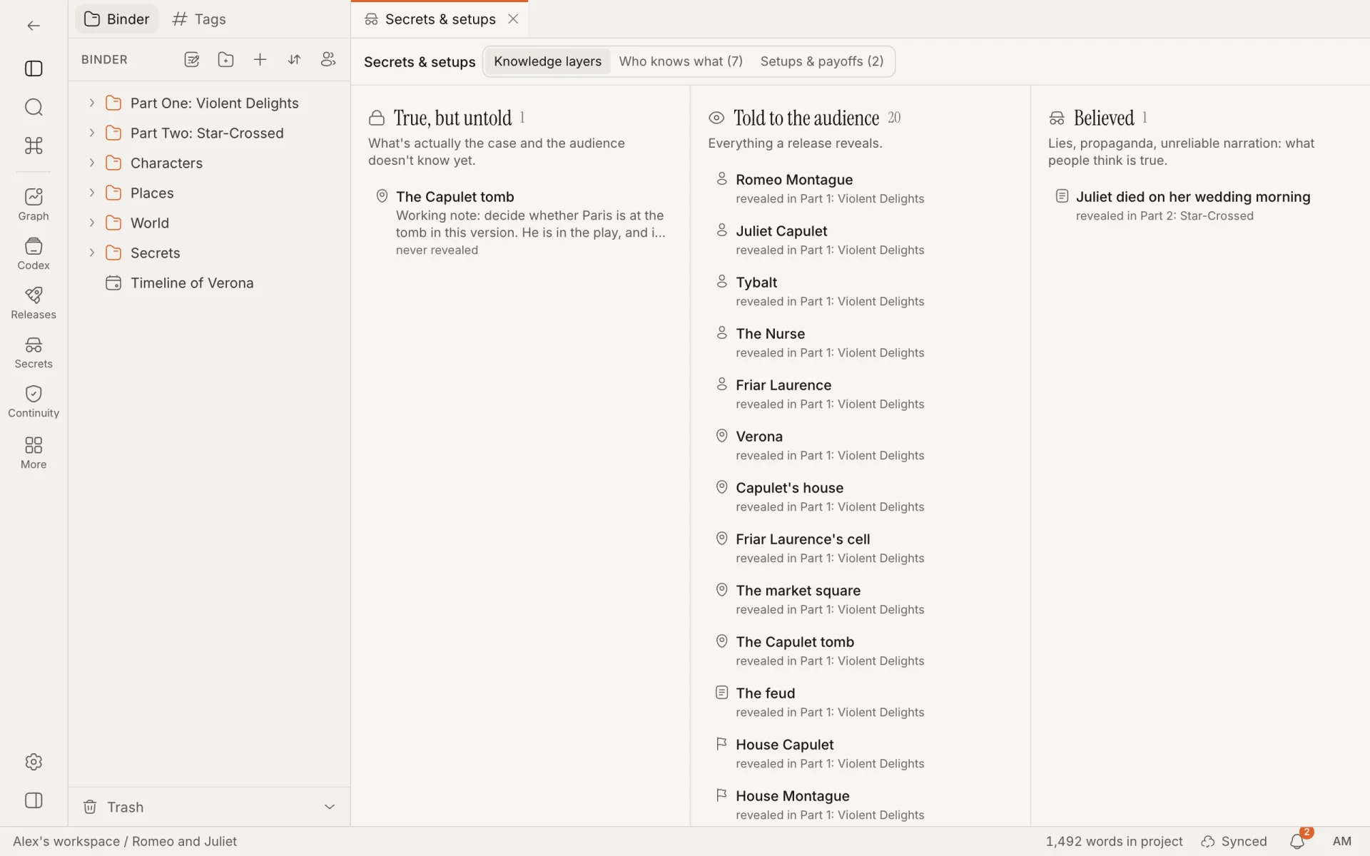 The Knowledge layers tab with three columns: True, but untold; Told to the audience; and Believed