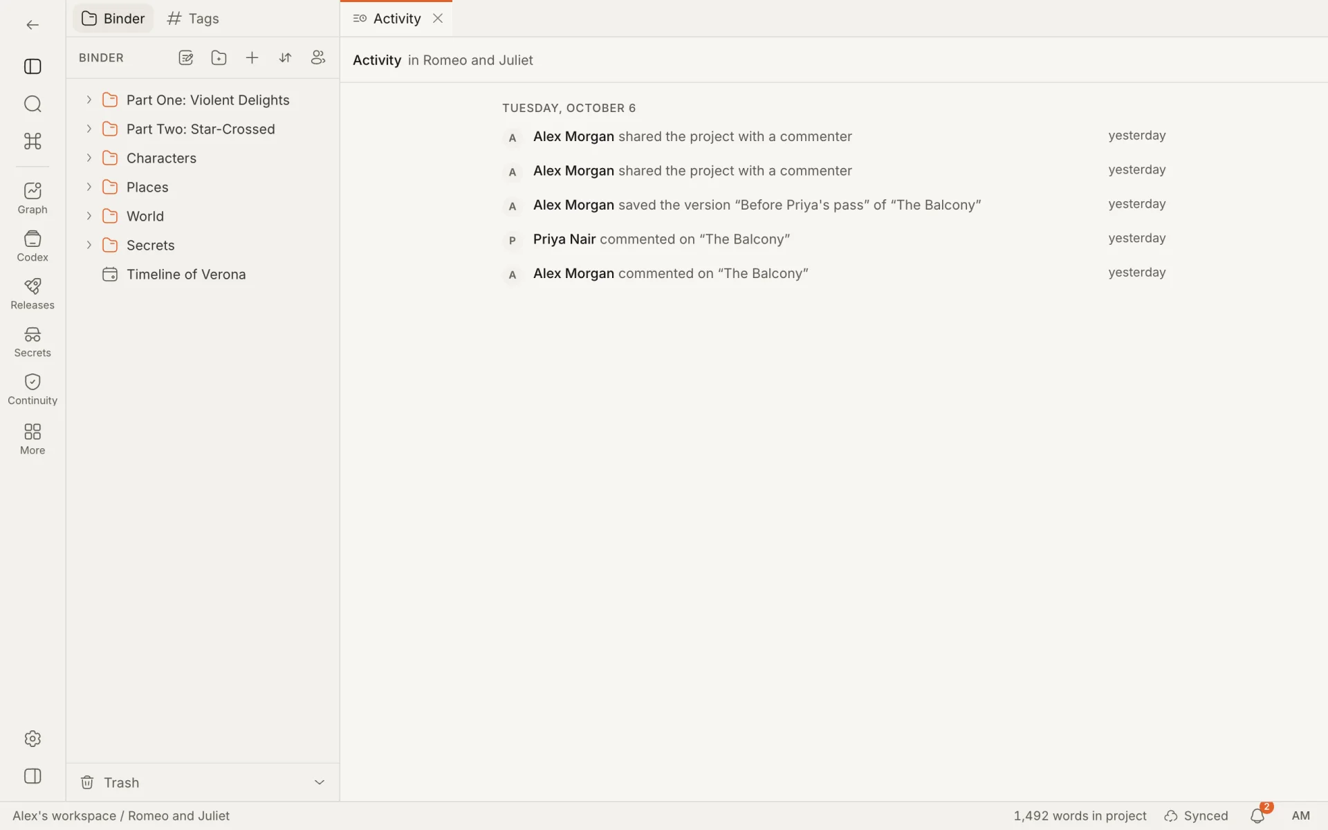 The Activity view: who shared the project, saved a version and commented, newest first