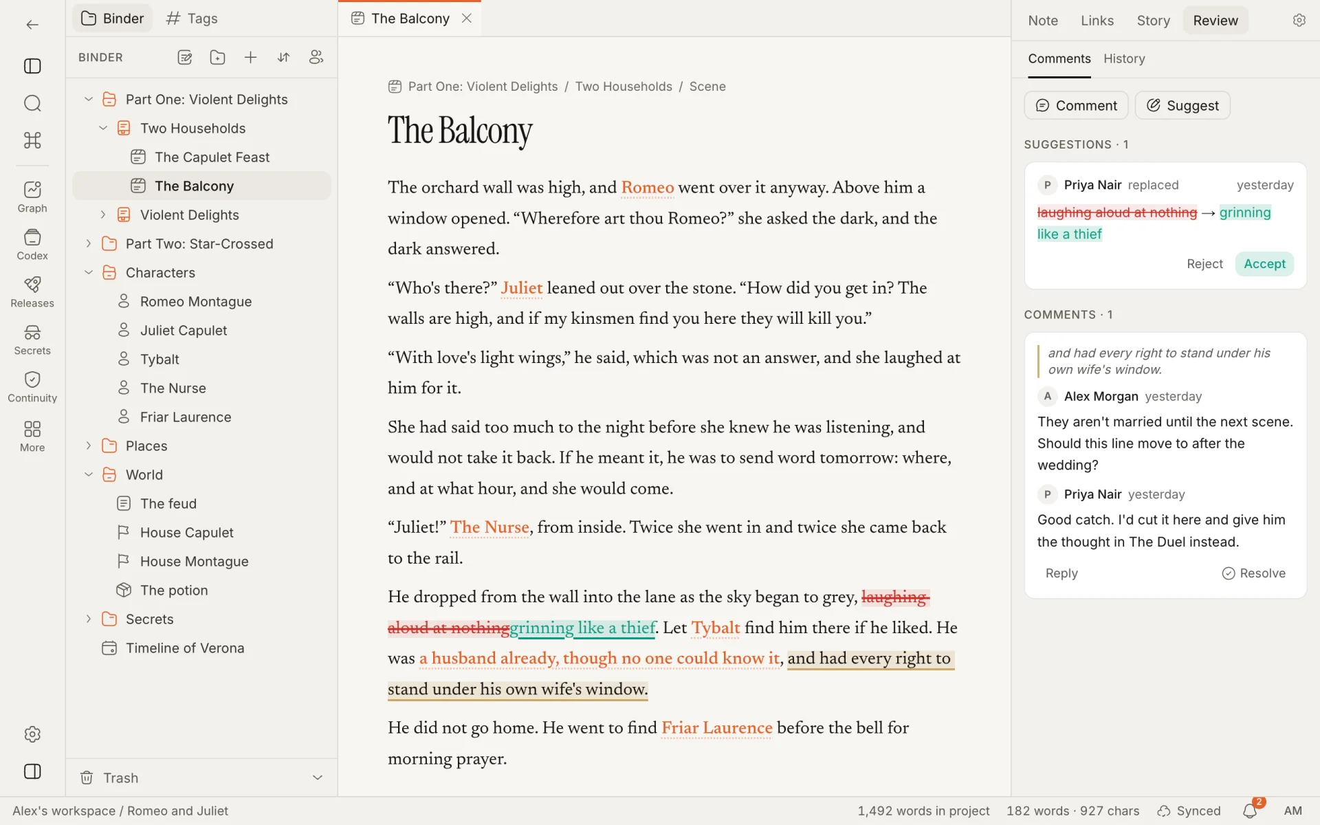 A scene with the Comments panel open: one suggestion with Reject and Accept, and one thread that quotes the passage, with a reply and Resolve