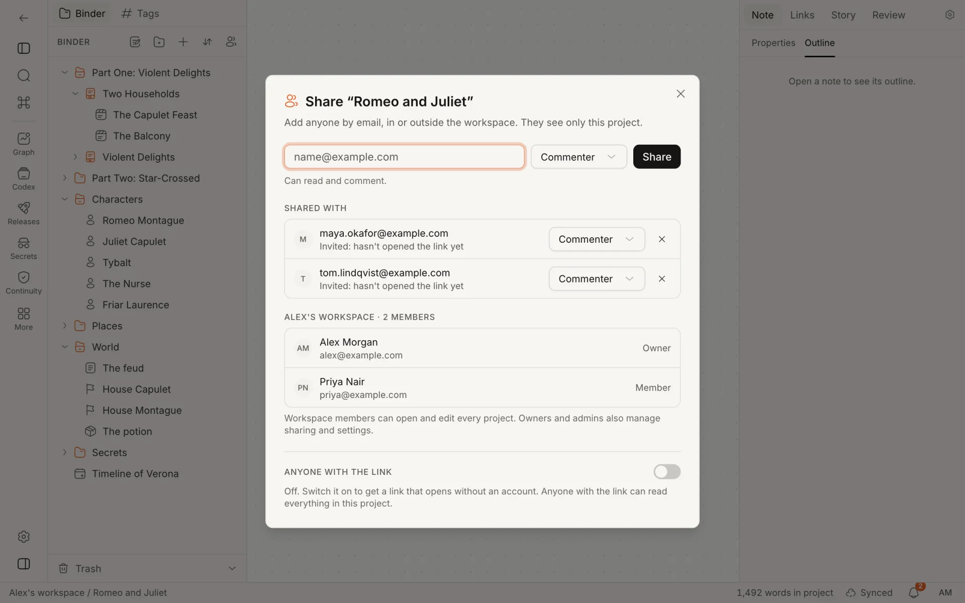 The Share dialog: an email field with a role, two people invited as commenters, the workspace members, and the switch for a read-only link