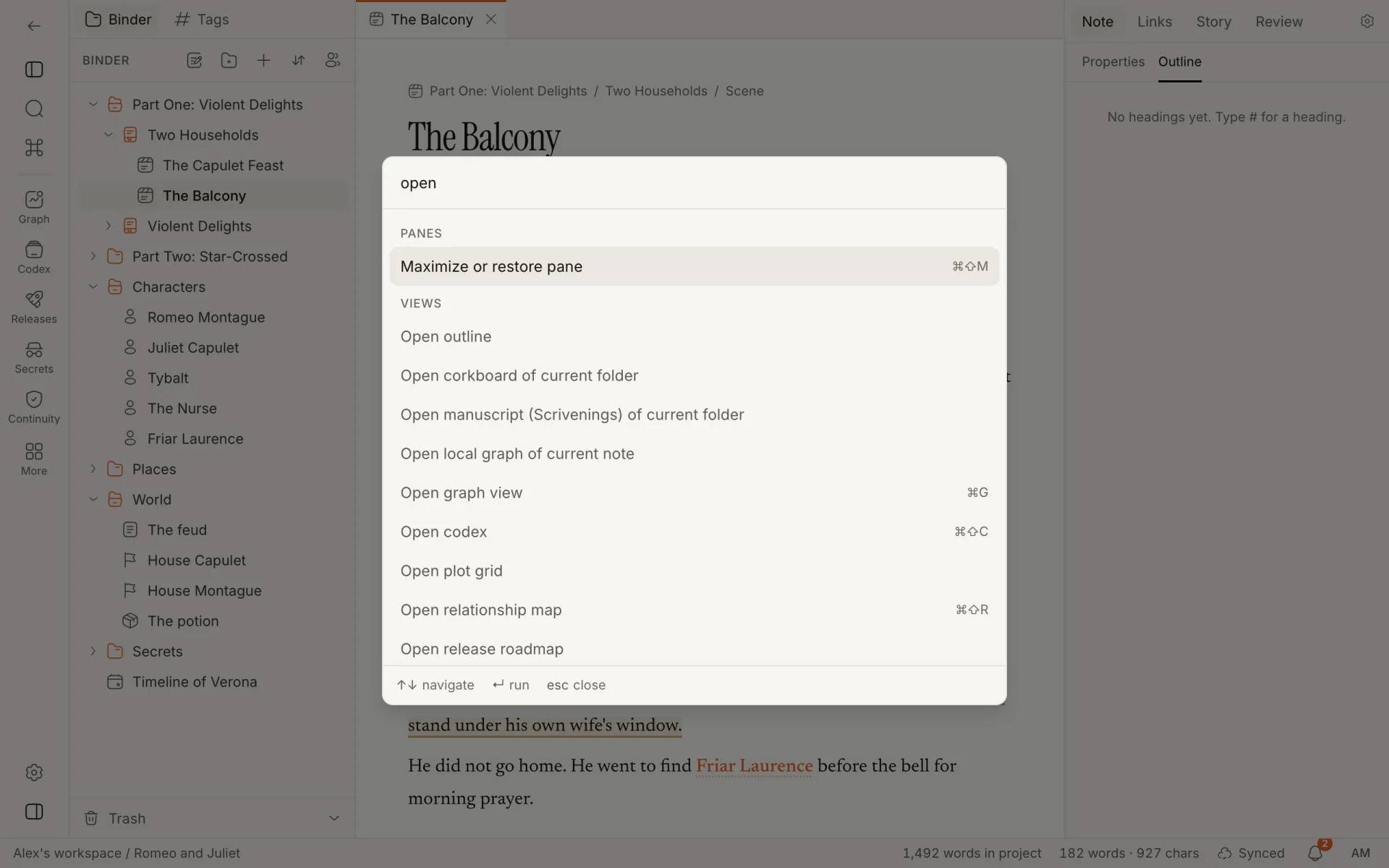 The command palette with "open" typed, listing the commands that open each view and their shortcuts