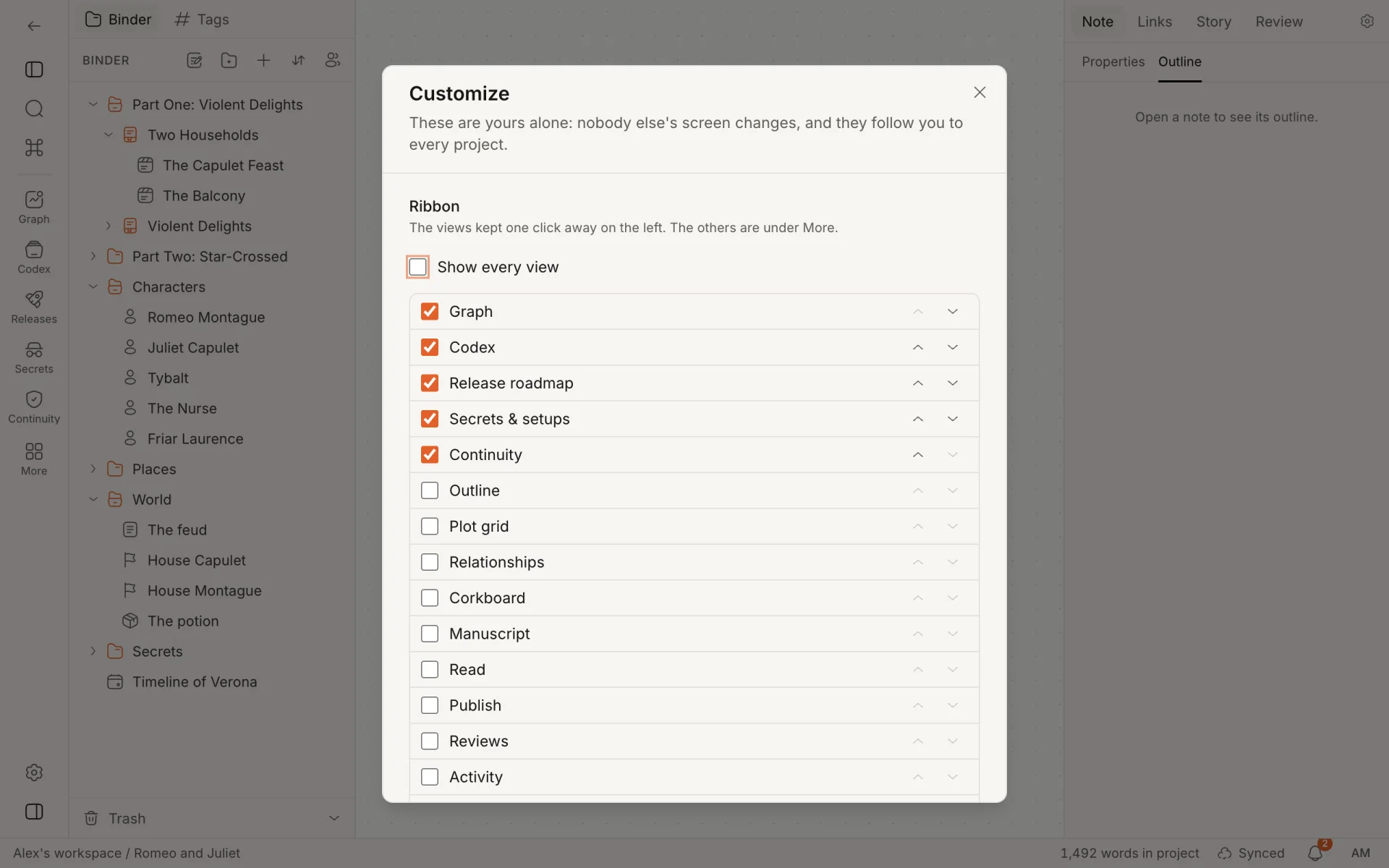 The Customize dialog on its Ribbon section: a tick box for each view and arrows to reorder the ones in the ribbon