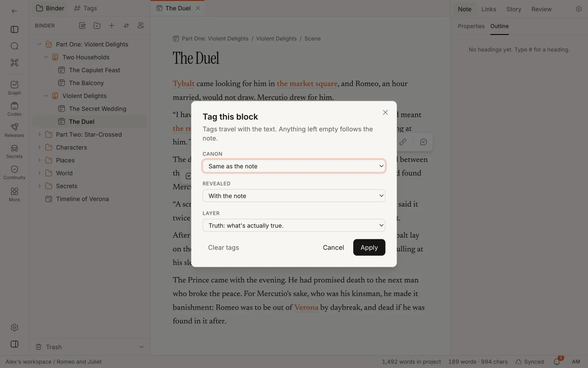 The Tag this block dialog with three fields: Canon, Revealed and Layer