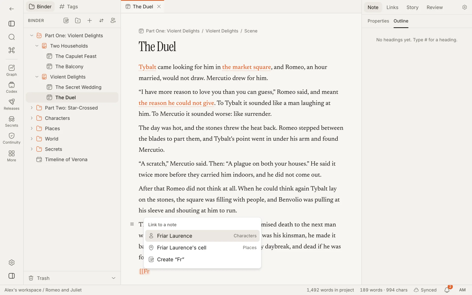 Typing two square brackets and "Fr" in a scene opens Link to a note, offering Friar Laurence, Friar Laurence's cell and Create "Fr"