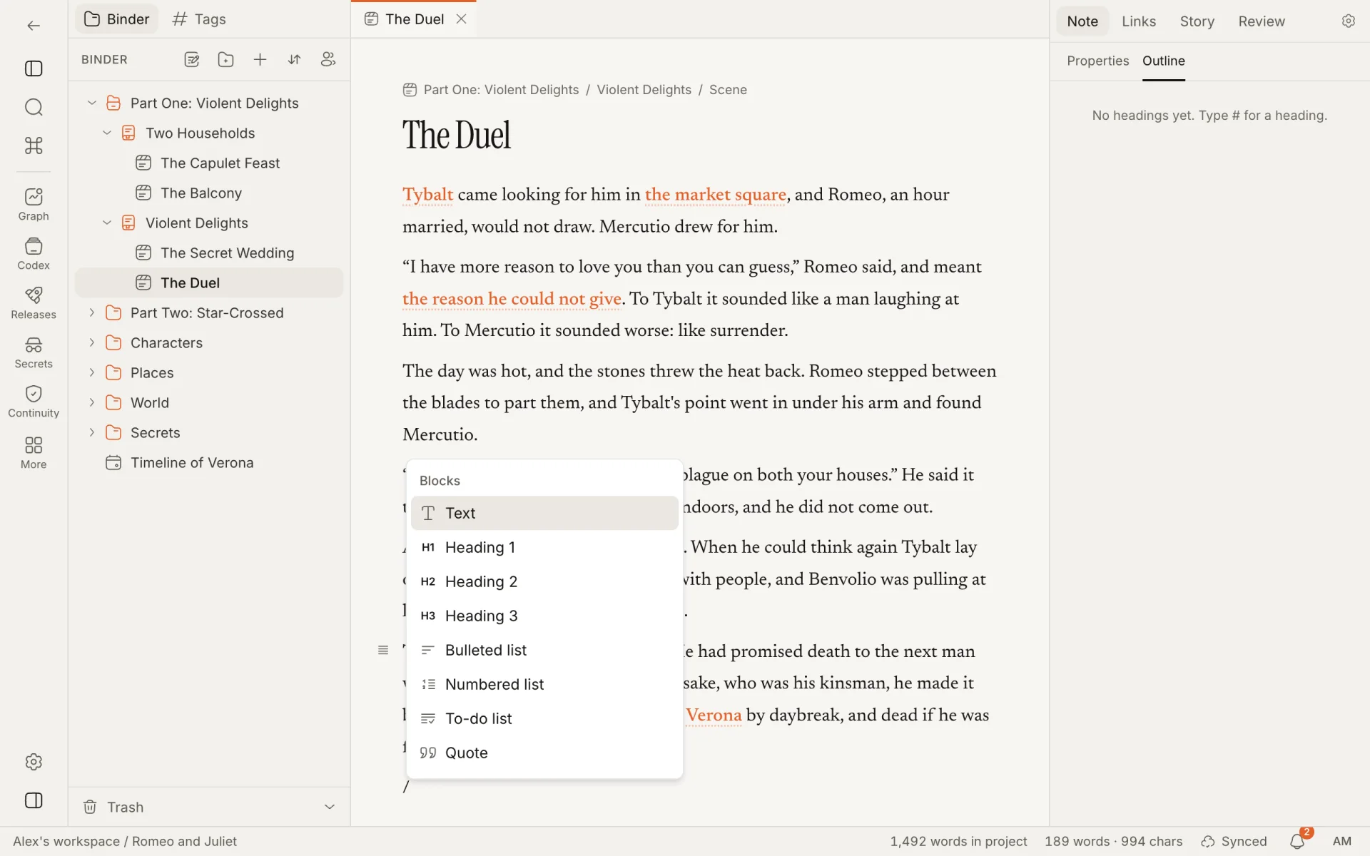 The block menu opened by typing a slash on an empty line, starting with Text, the three headings, the lists and Quote