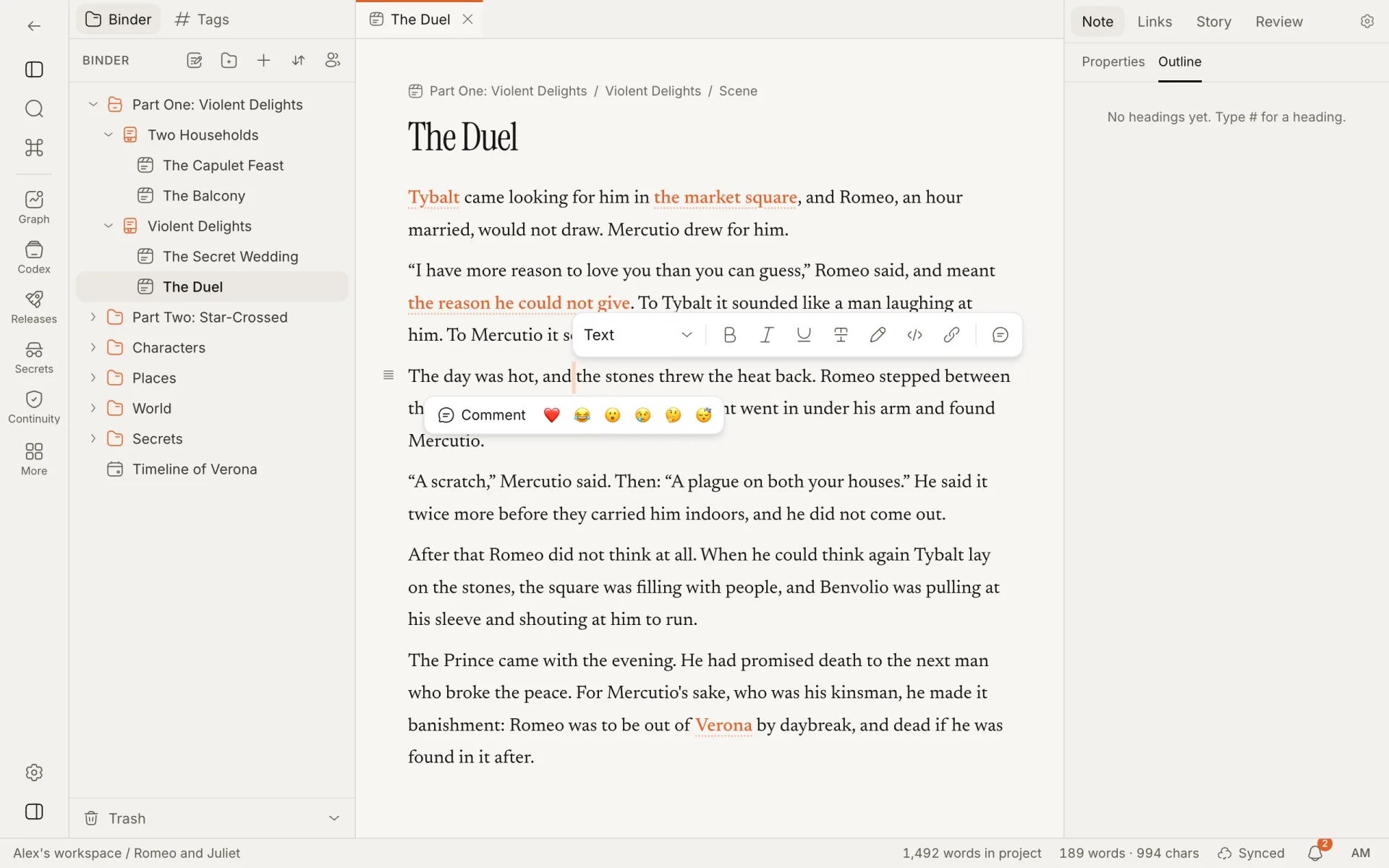 The toolbar above a selected word, with the block type, bold, italic, underline, strikethrough, highlight, code, link and comment, and the reactions under it