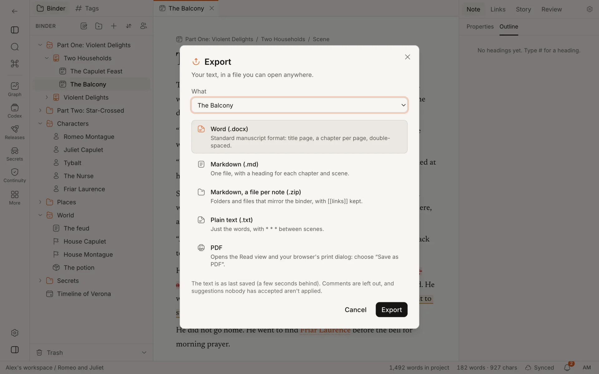 The Export dialog for one scene, offering Word, Markdown, Markdown as a zip, plain text and PDF