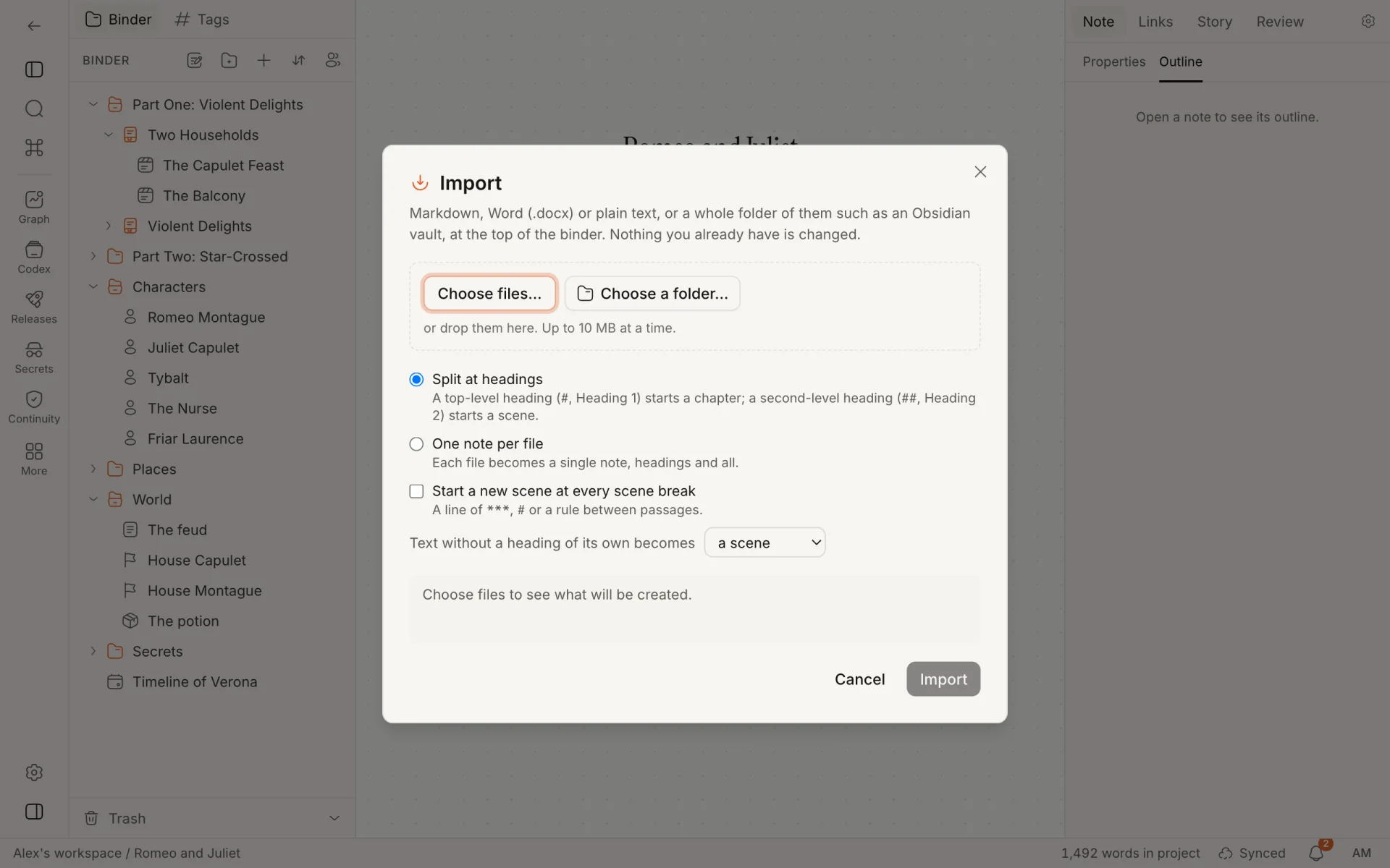 The Import dialog: choose files or a folder, split at headings or one note per file, and a preview of what will be created
