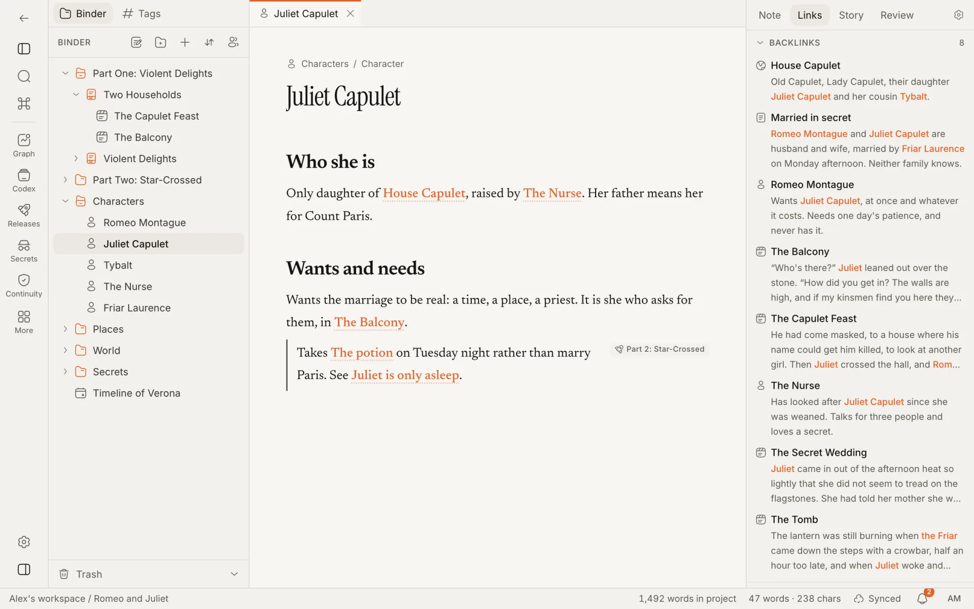 Juliet Capulet's page with the Links tab of the inspector open, listing eight backlinks with the sentence around each one