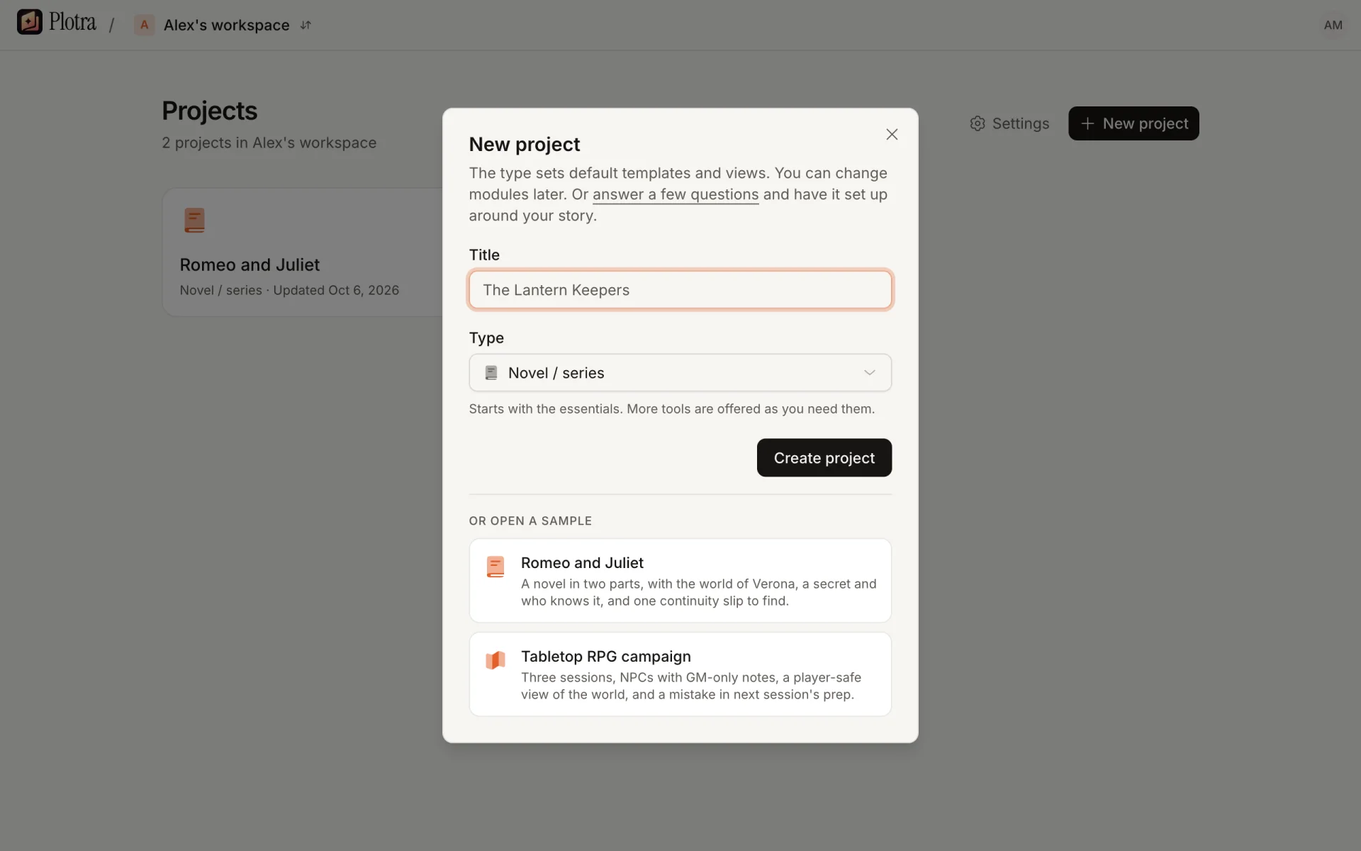The New project dialog with a title, a type, the Create project button and the two samples below
