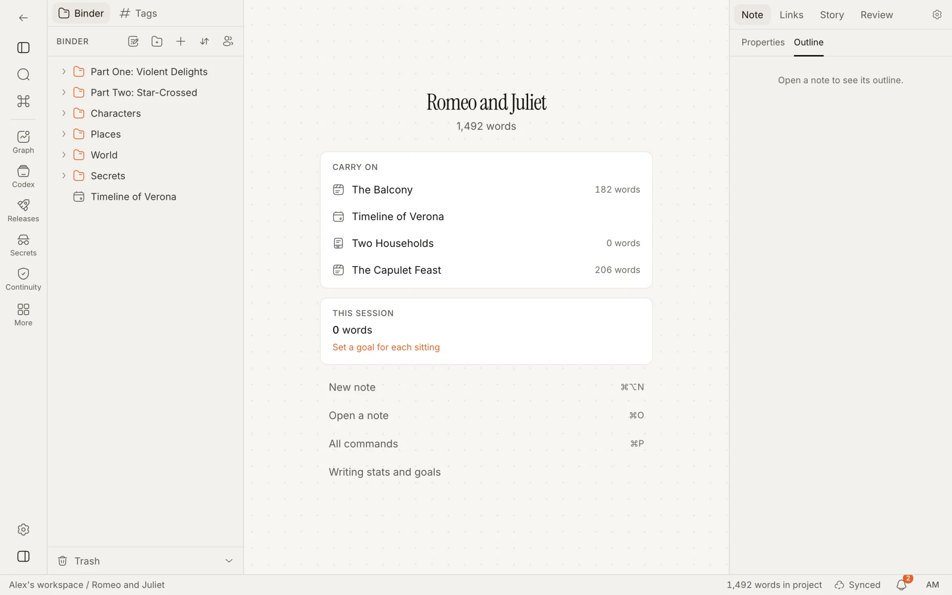 The project home with no note open: the title and word count, Carry on, This session and the shortcuts