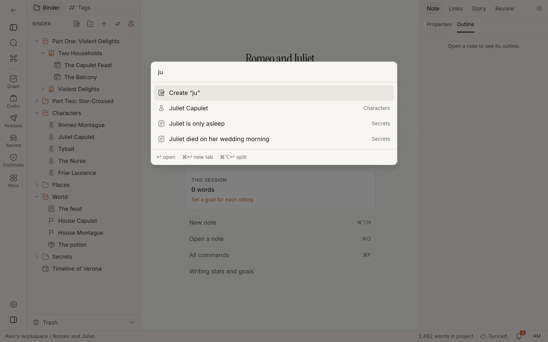The quick switcher with "ju" typed, offering Juliet Capulet and two secrets, and a row to create a note with that name