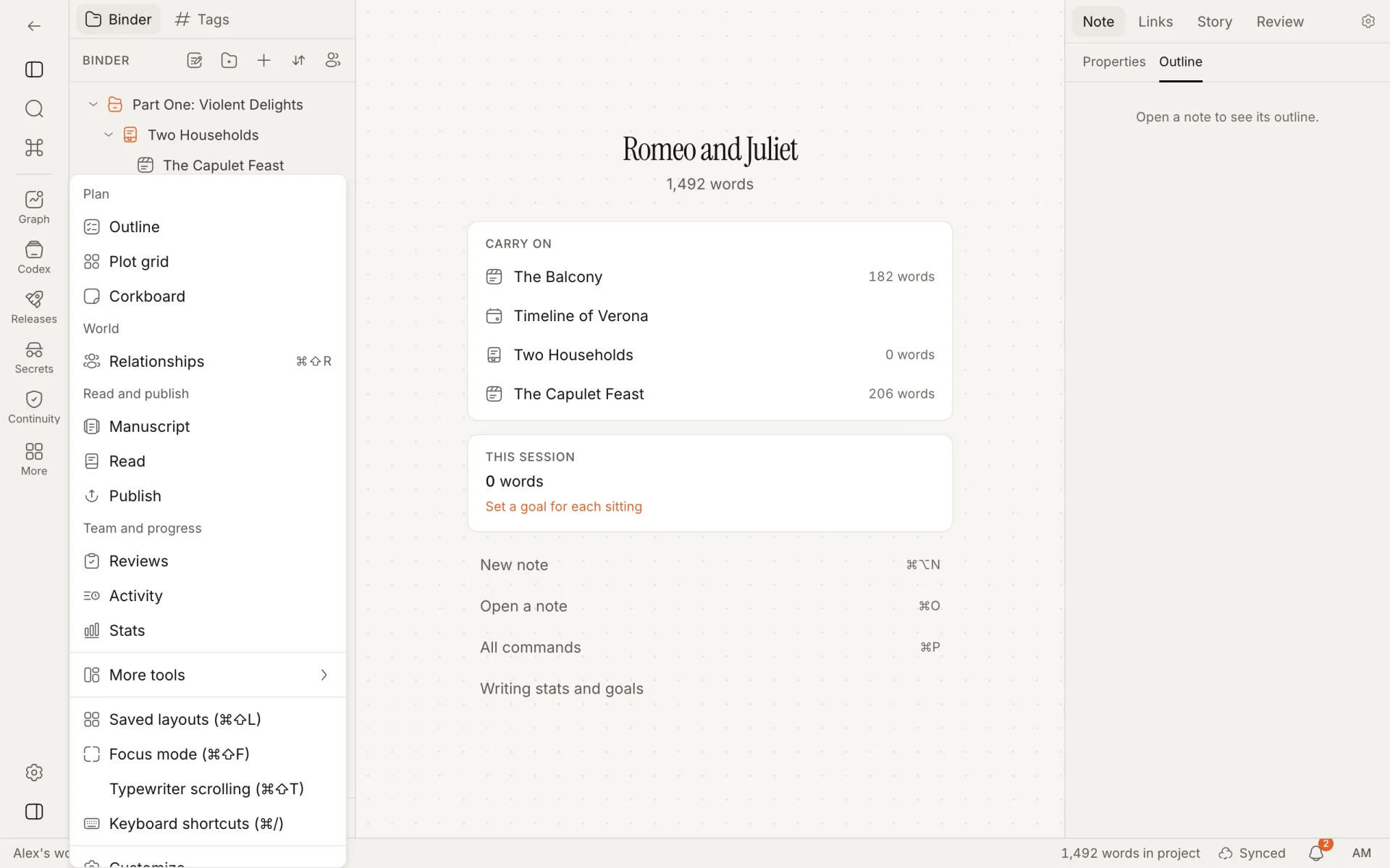 The More menu open from the ribbon, listing views under Plan, World, Read and publish, and Team and progress, then More tools, Saved layouts and Focus mode