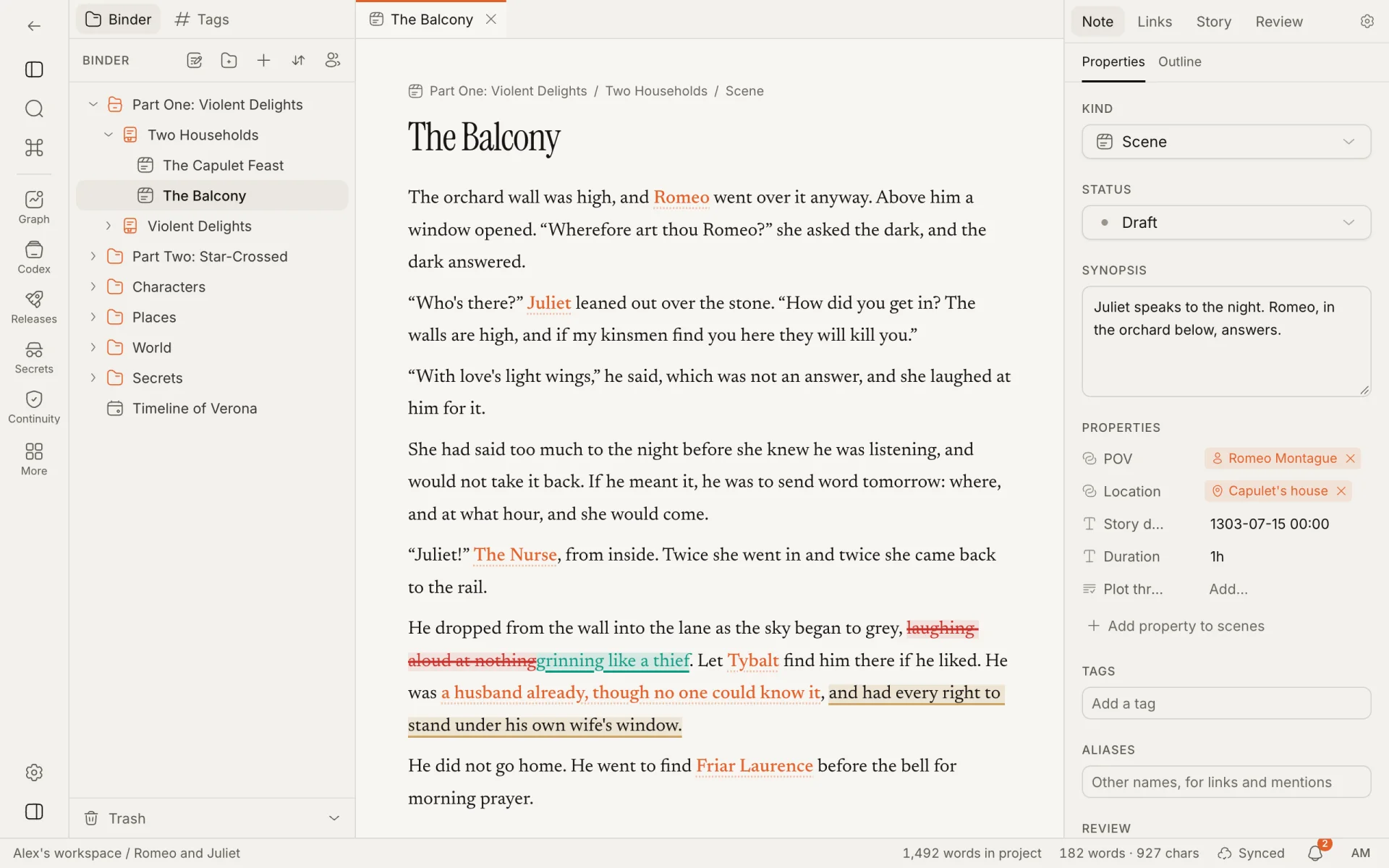 A project open on a scene: the ribbon on the left, then the binder, the scene in the middle, the inspector on the right and the status bar along the bottom