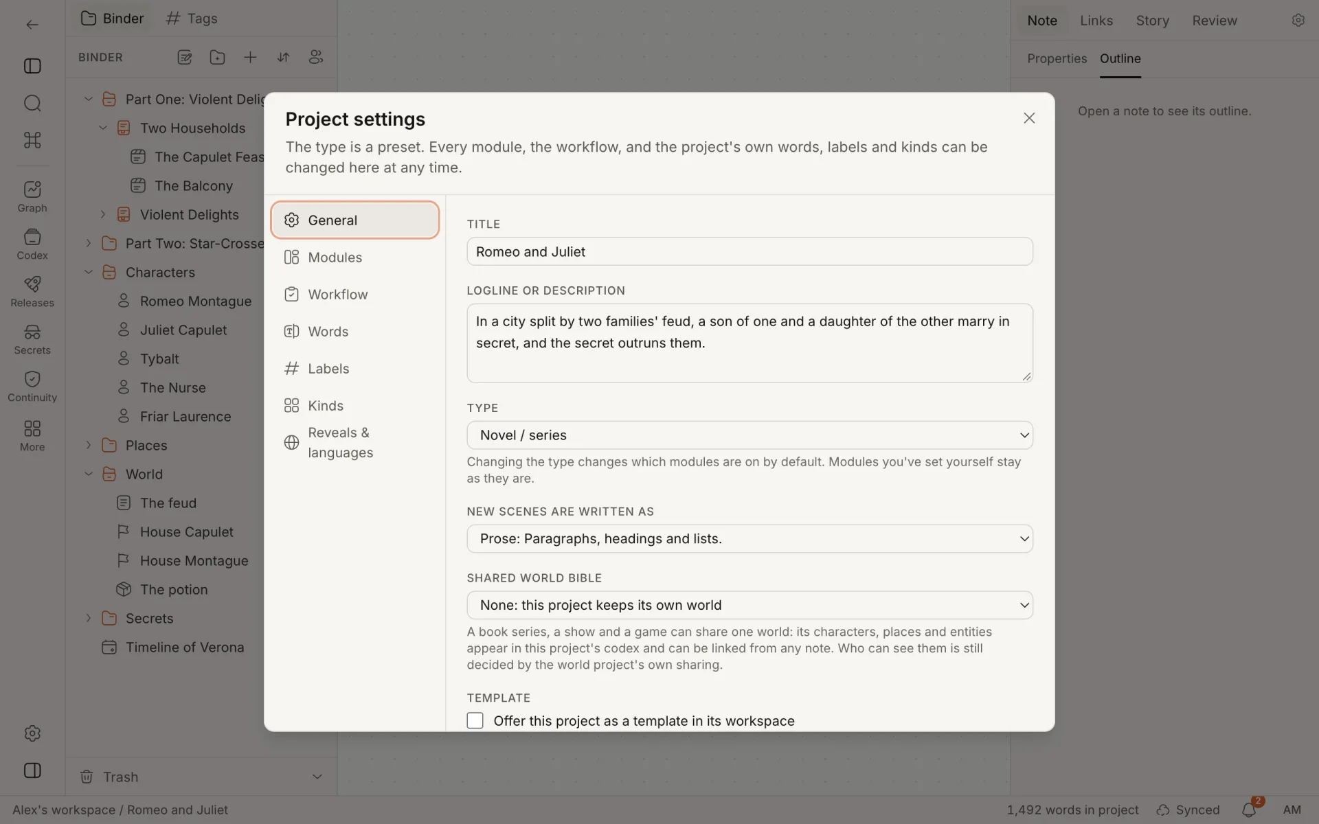 The General tab of Project settings: title, logline, type, the format of new scenes, shared world bible and template