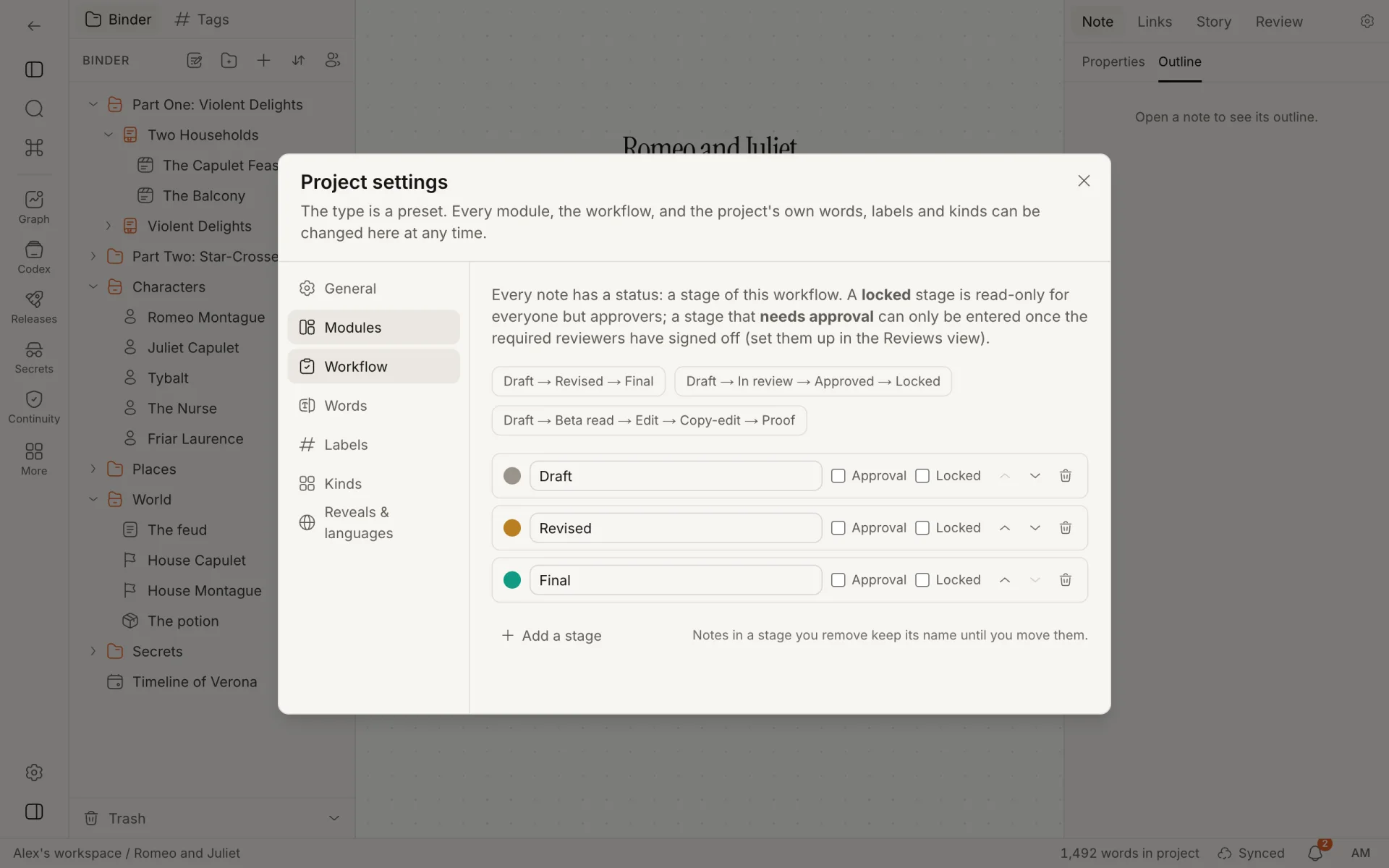 The Workflow tab: three ready-made workflows to pick from, and the stages Draft, Revised and Final, each with Approval and Locked