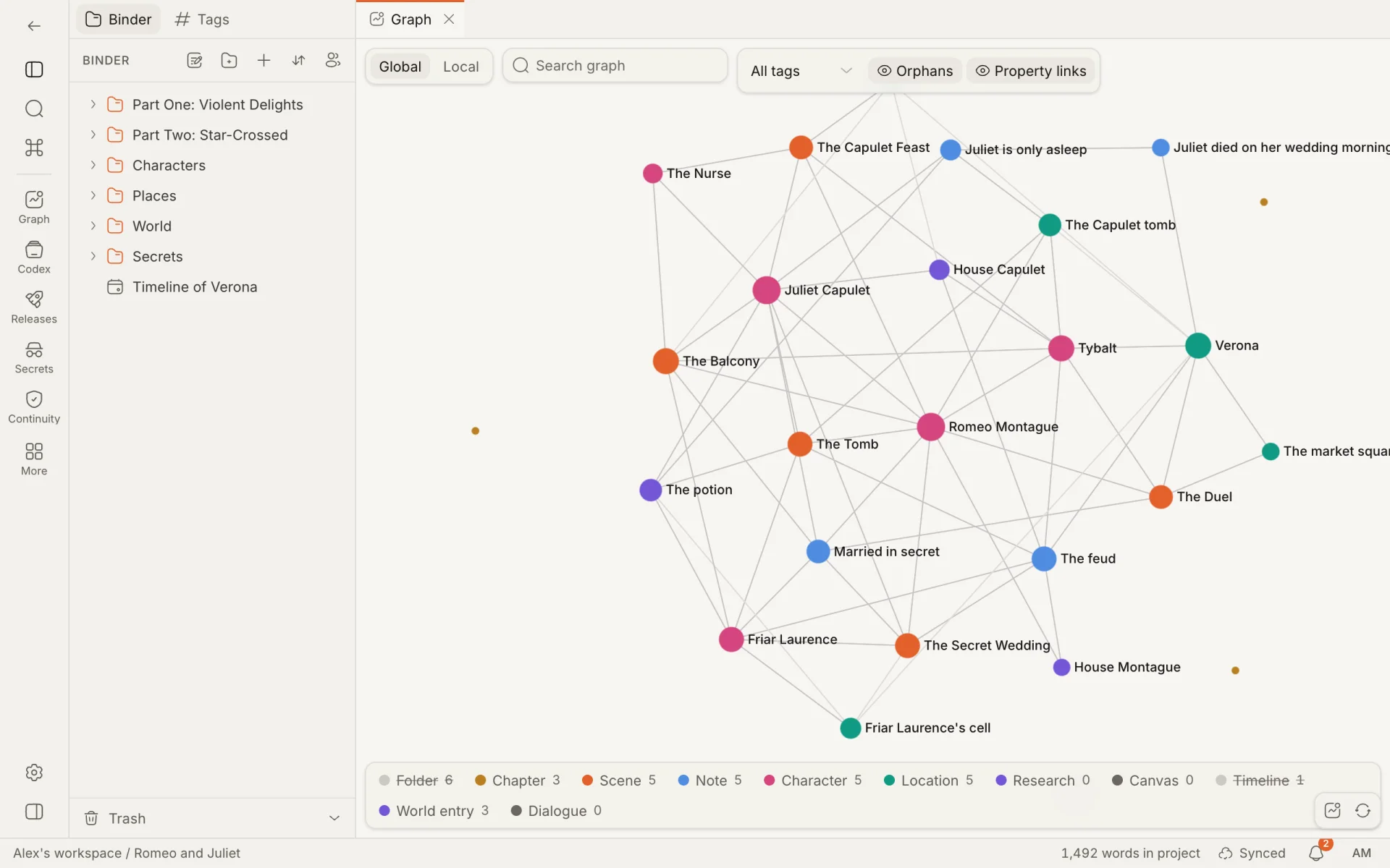 The Graph: every note as a dot coloured by kind and every link as a line, with the Global and Local switch, a search box and filters above
