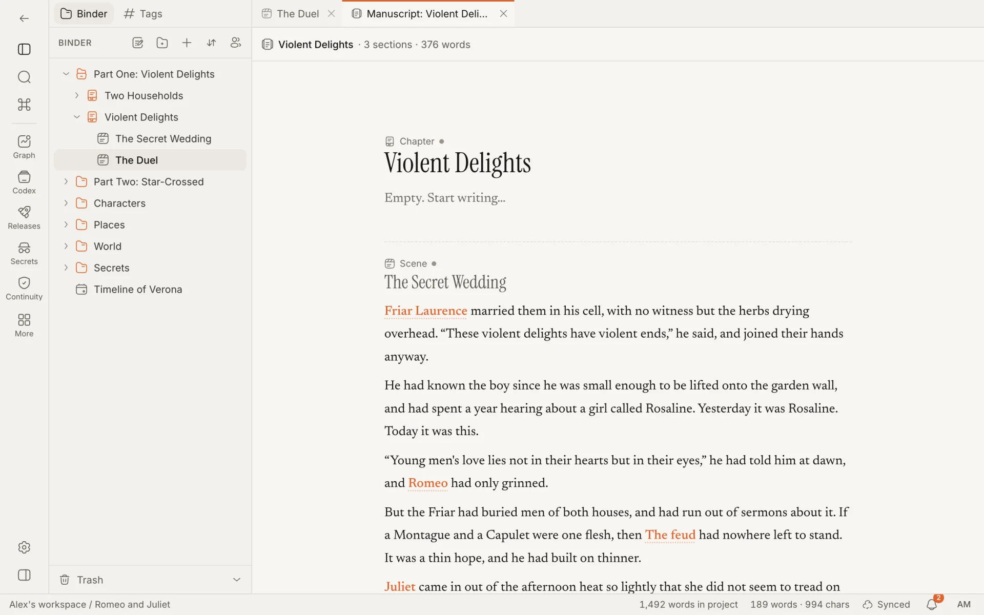The Manuscript view of a chapter: its scenes one after another on a single page, each under its own title