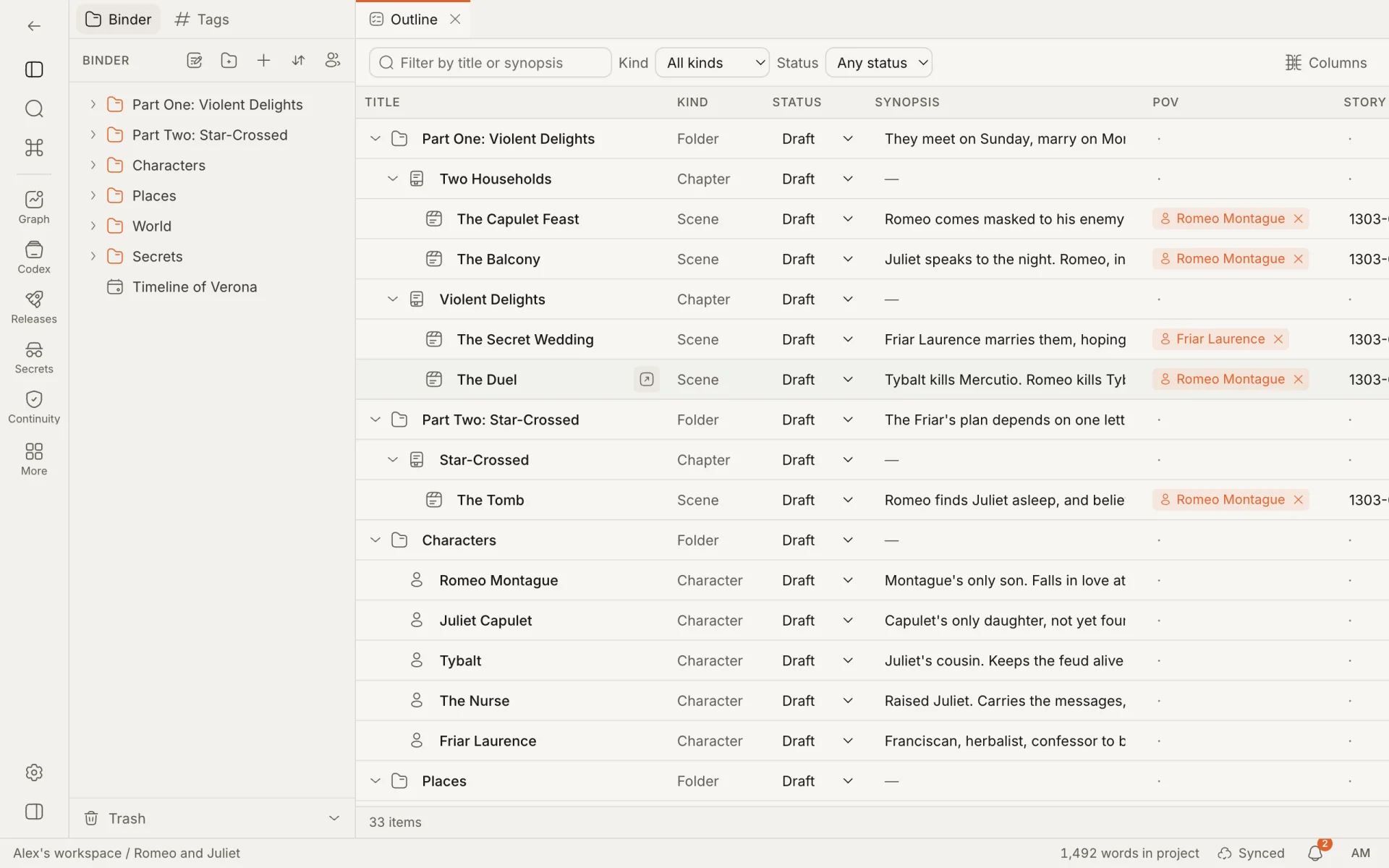 The Outline: a row for every note with its kind, status, synopsis and point of view, and filters for kind and status above