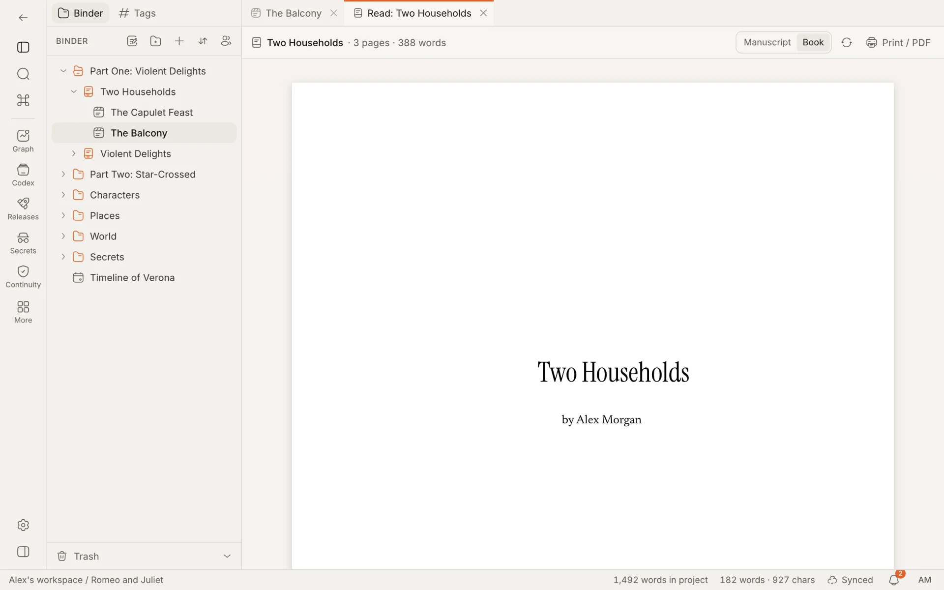 The Read view in Book layout, on the title page of a chapter, with Manuscript, Book and Print / PDF in the toolbar