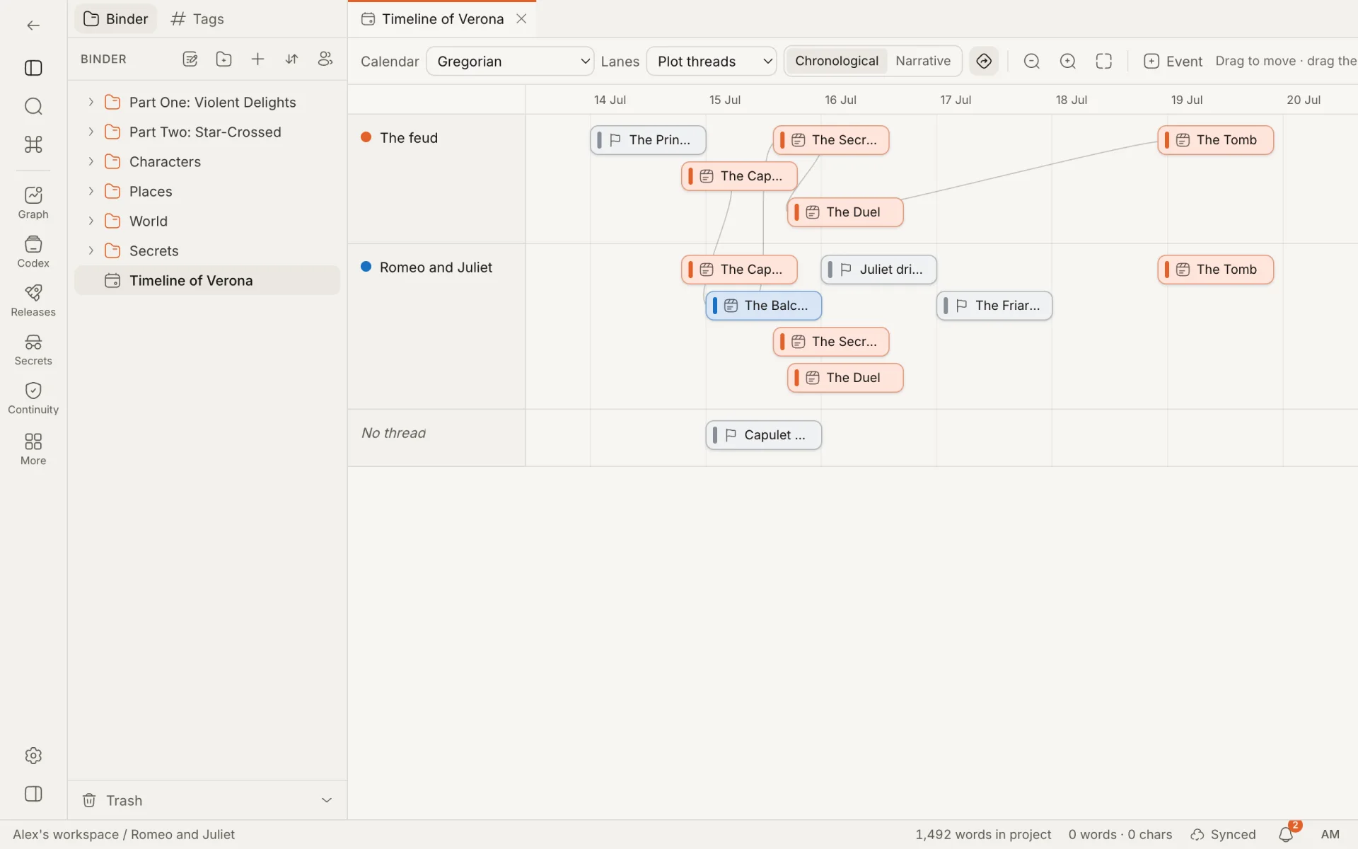 A timeline with a lane for each plot thread, scenes and events placed on their story dates across a week in July, and the Calendar and Lanes controls above