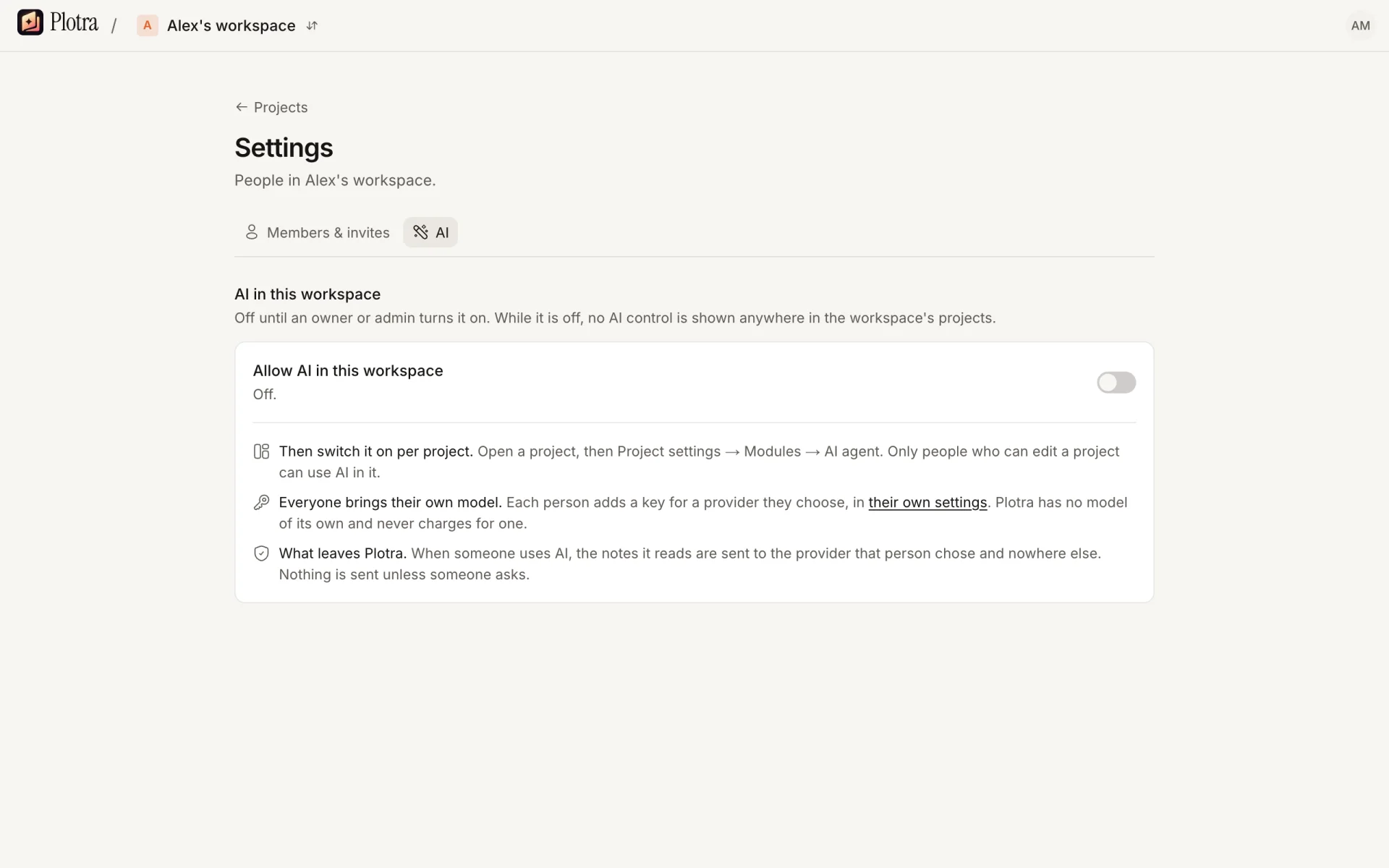 The AI tab of the workspace settings with "Allow AI in this workspace" switched off, and the three things that follow from switching it on