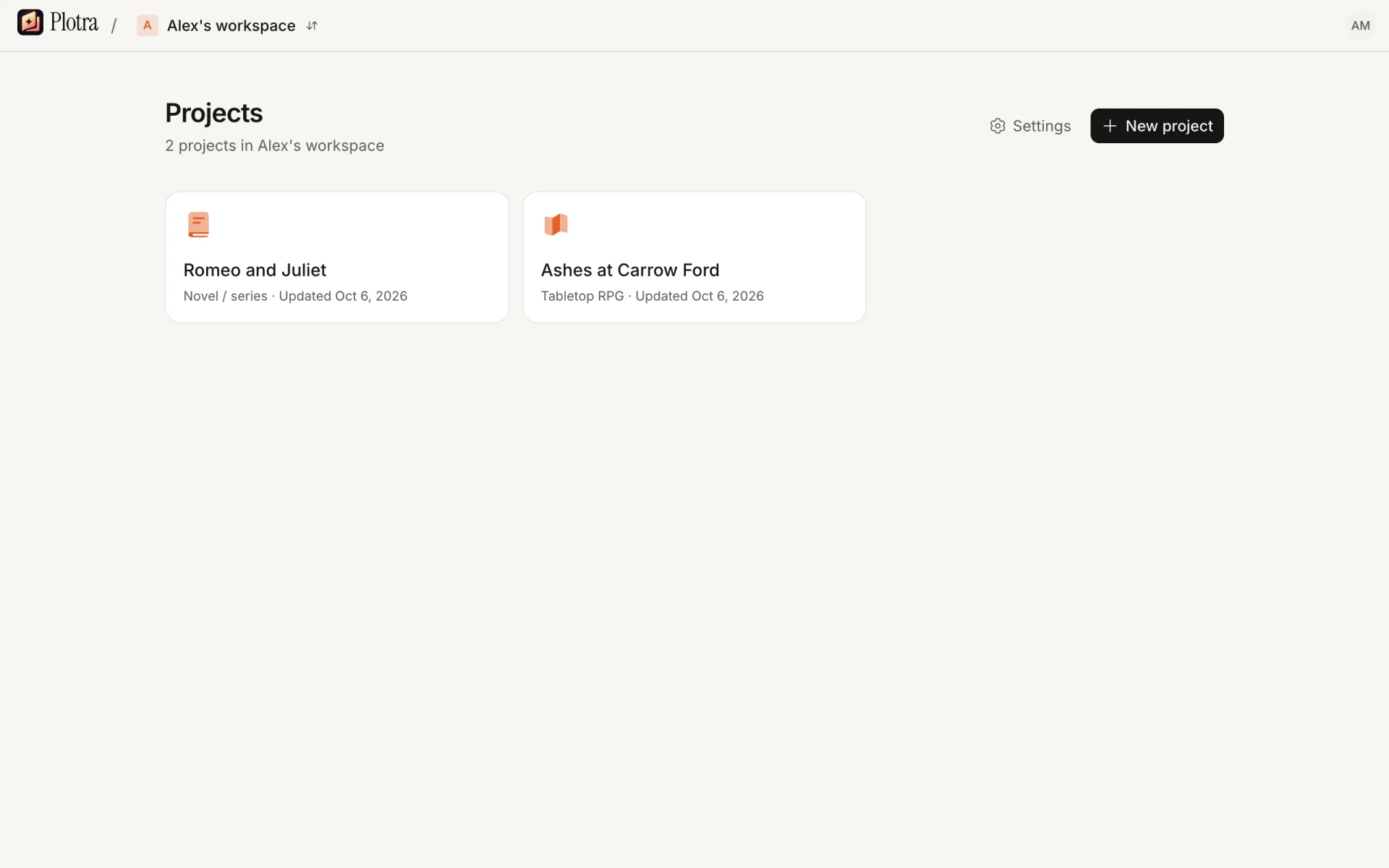 A workspace's projects page, with the workspace switcher at the top, Settings and New project