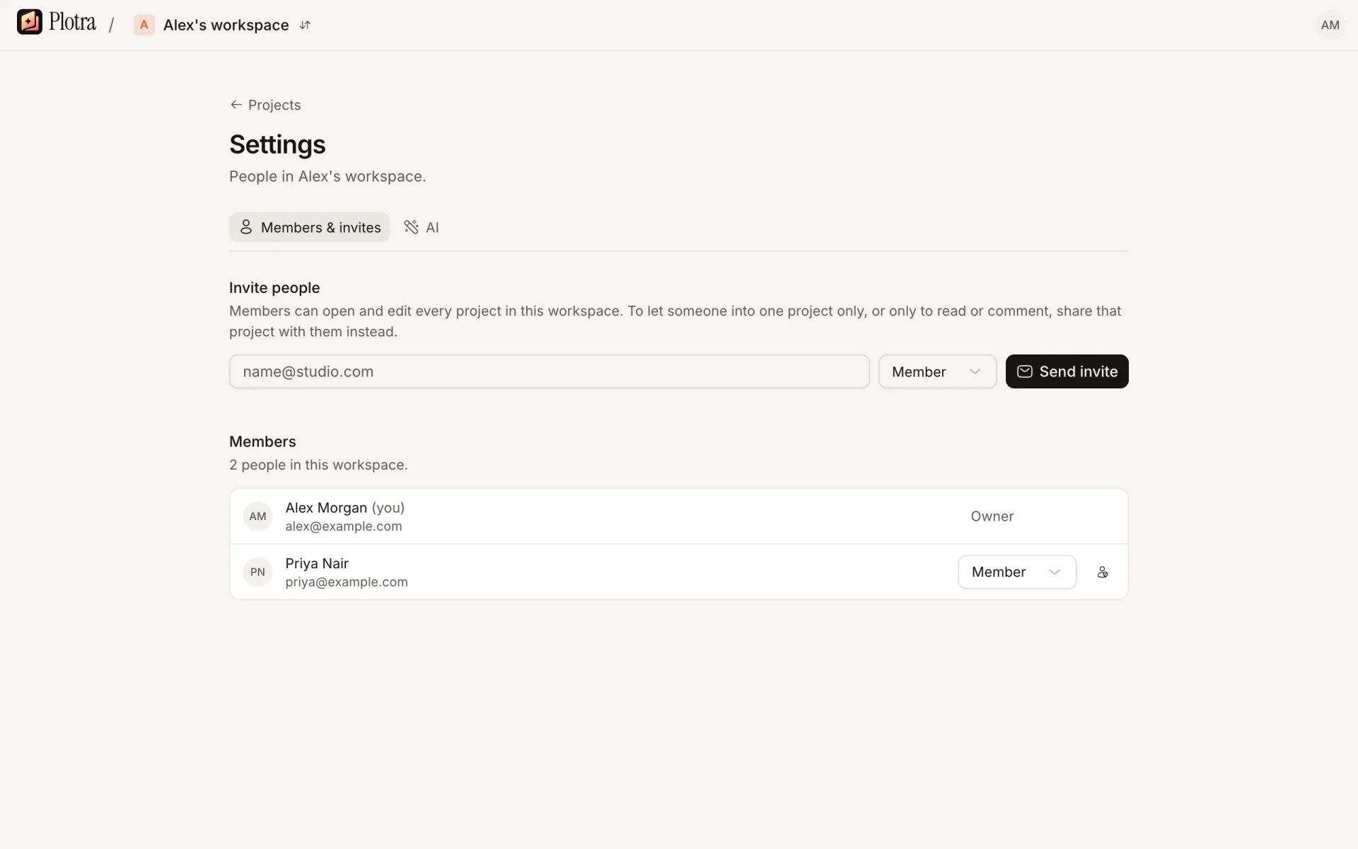 The workspace settings: an email field and a role to invite someone, and the list of members with their roles